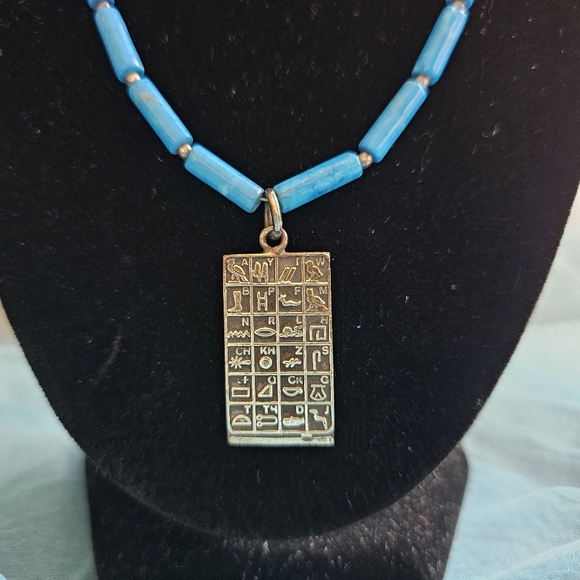 Egyptian Sterling Silver Hieroglyphics Pendant Blue Howlite Beads Necklace - Picture 6 of 10